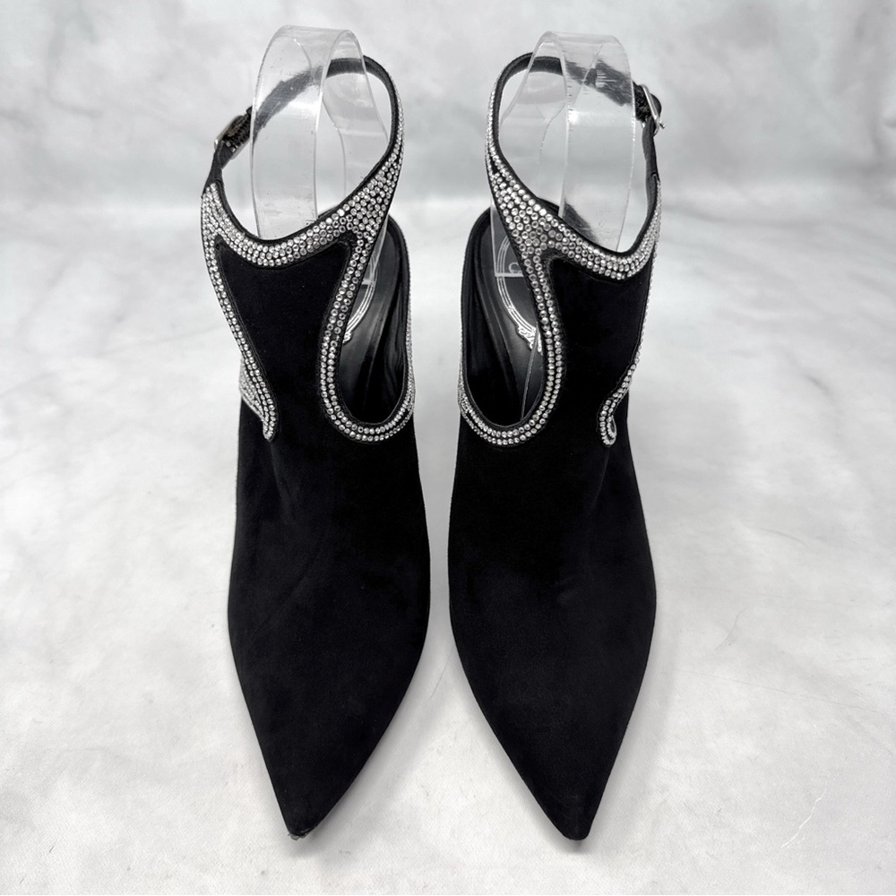 Rene Caovilla Strass Embellished Suede Pointed Toe Open Back Ankle Bootie Heels - Picture 4 of 16